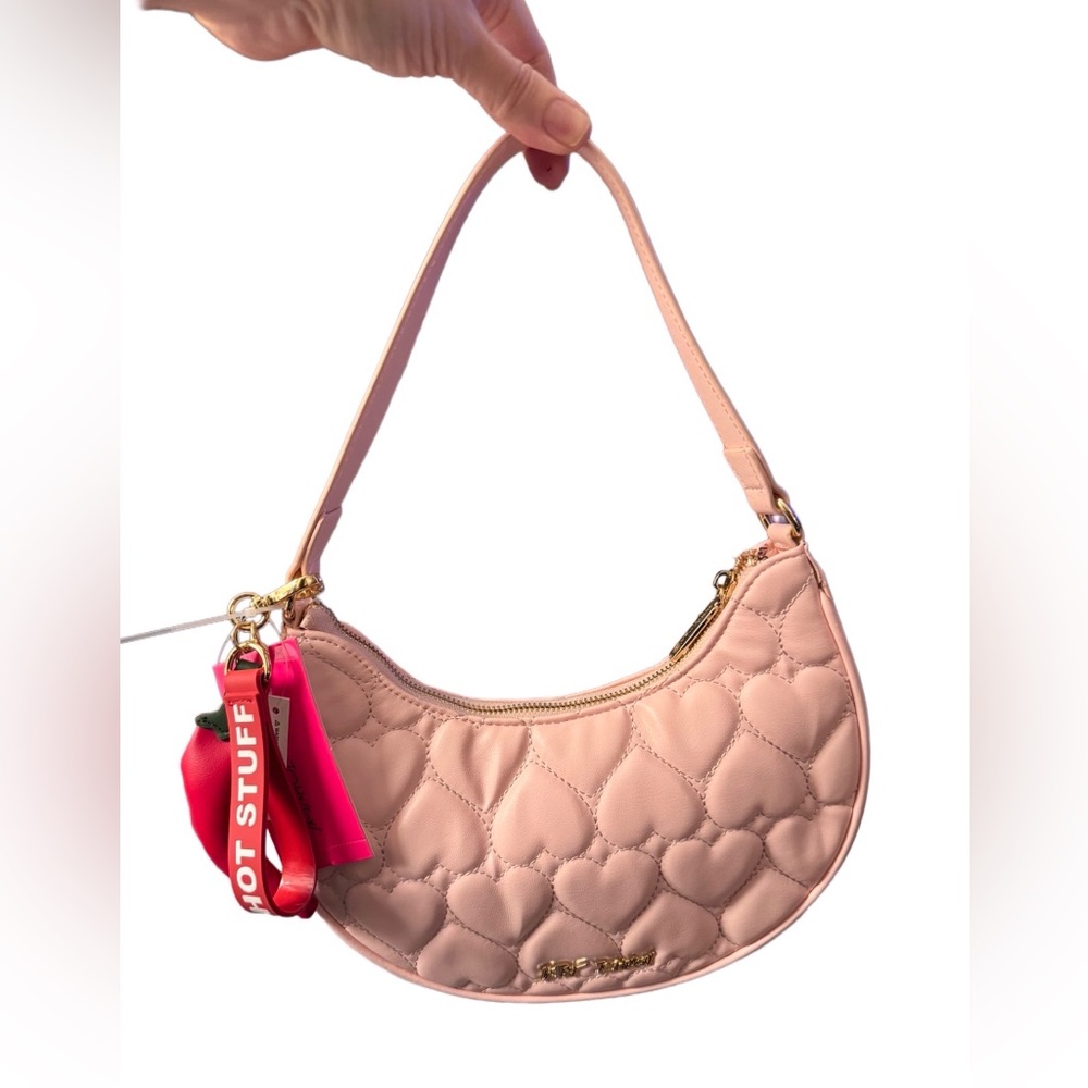 Betsey Johnson Pale Pink Heart Quilted Shoulder Bag Hot Stuff Pepper Charm NWT
